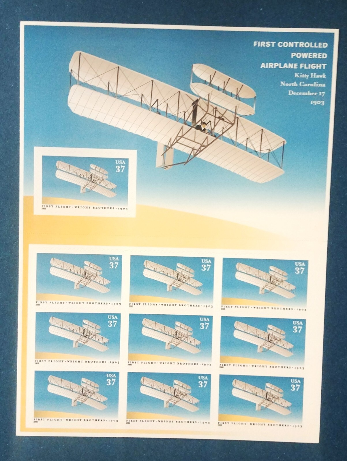 37 cent stamps First Controlled Powered Airplane Flight sheet pane of 10