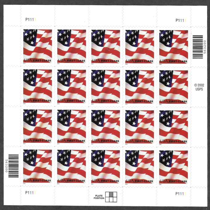 Scott#: 3621 – Flag First Class (37¢) 2002 APU self-adhesive sheet of 20