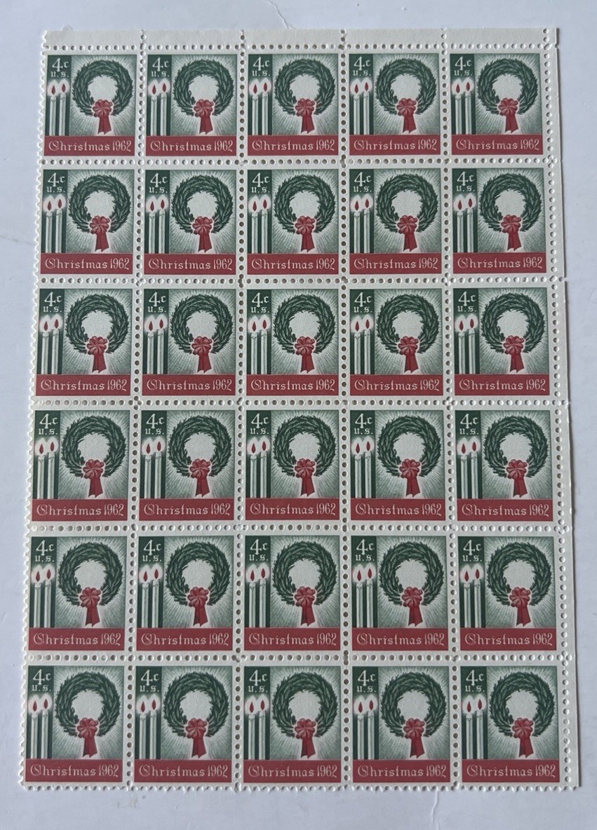 US SCOTT 1205 PANE OF 30 CHRISTMAS 1962 STAMPS 4 CENT FACE MNH