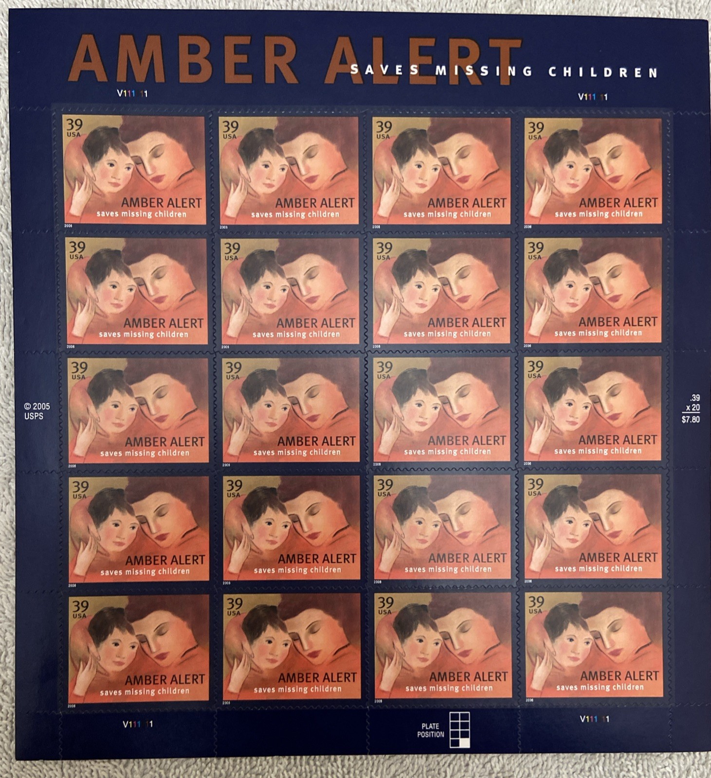 “Amber Alert Saves Missing Children” Full Panel of 20, 39¢ Stamps Scott #4031