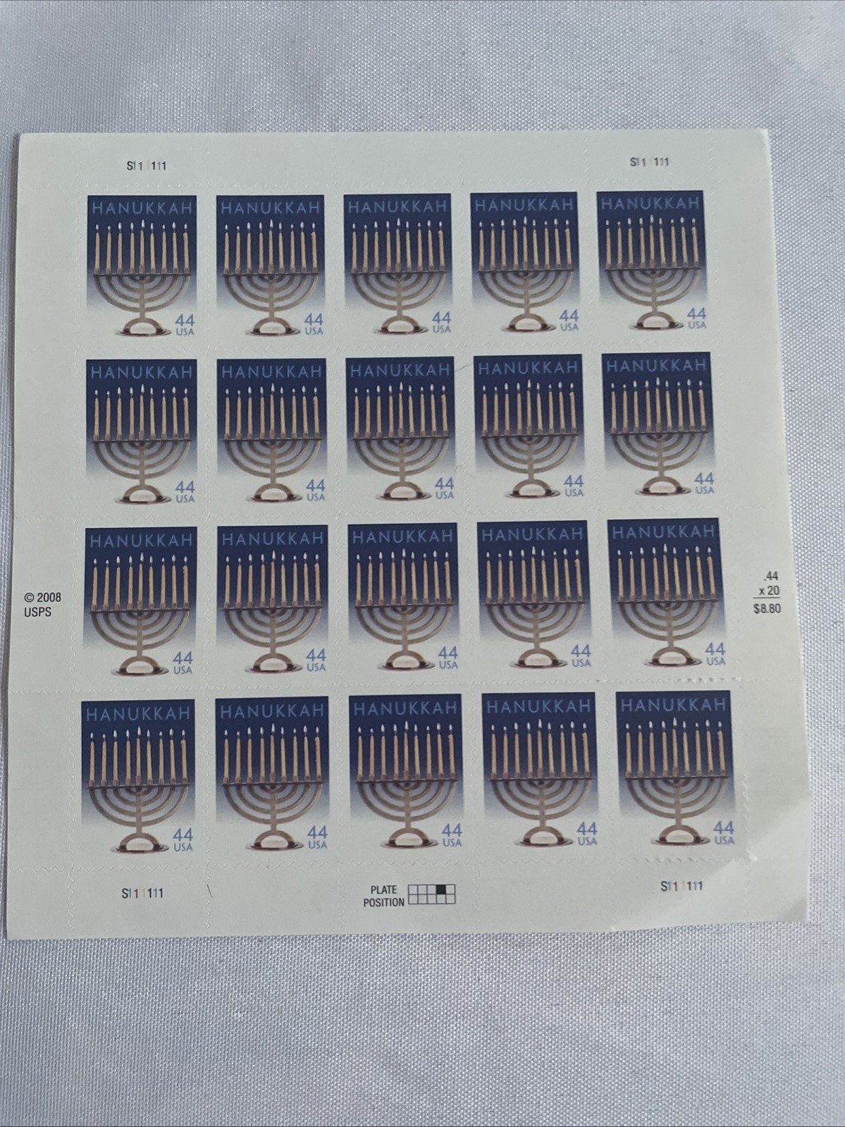 One Sheet x 20 = 20 of HANUKKAH Jewish Holiday Menorah 44¢ US Stamps. USA 4433