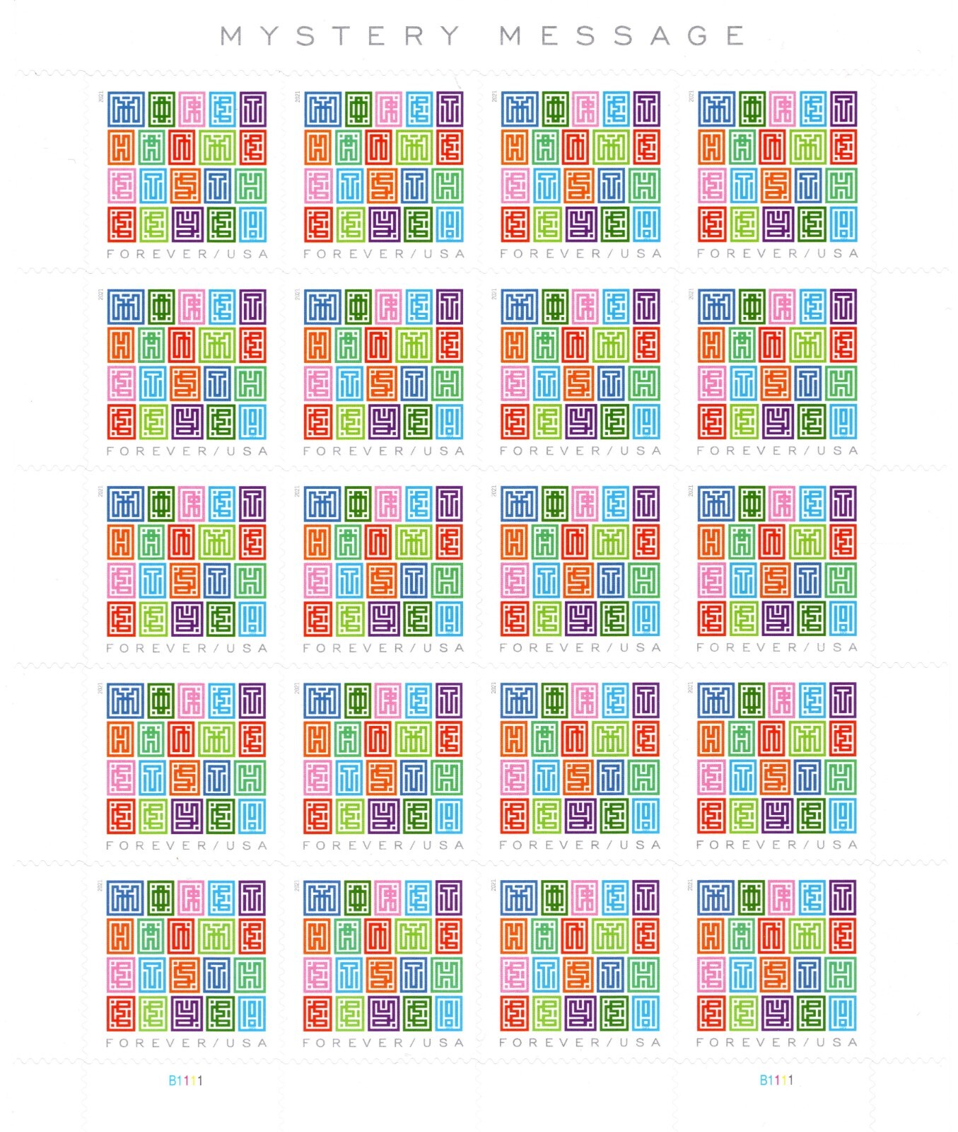 USA 2021 MYSTERY MESSAGE 20 STAMP SHEET FOREVER STAMPS SC 5614 MNH