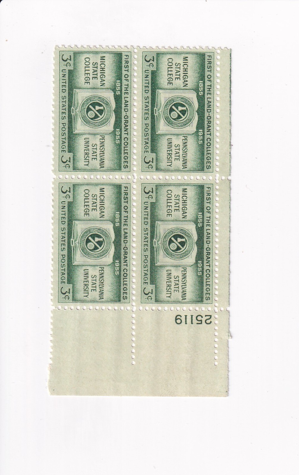 US Postage STAMPS 3c 3 CENT PB PLATE BLOCK FIRST OF THE LAND-GRANT COLLEGES