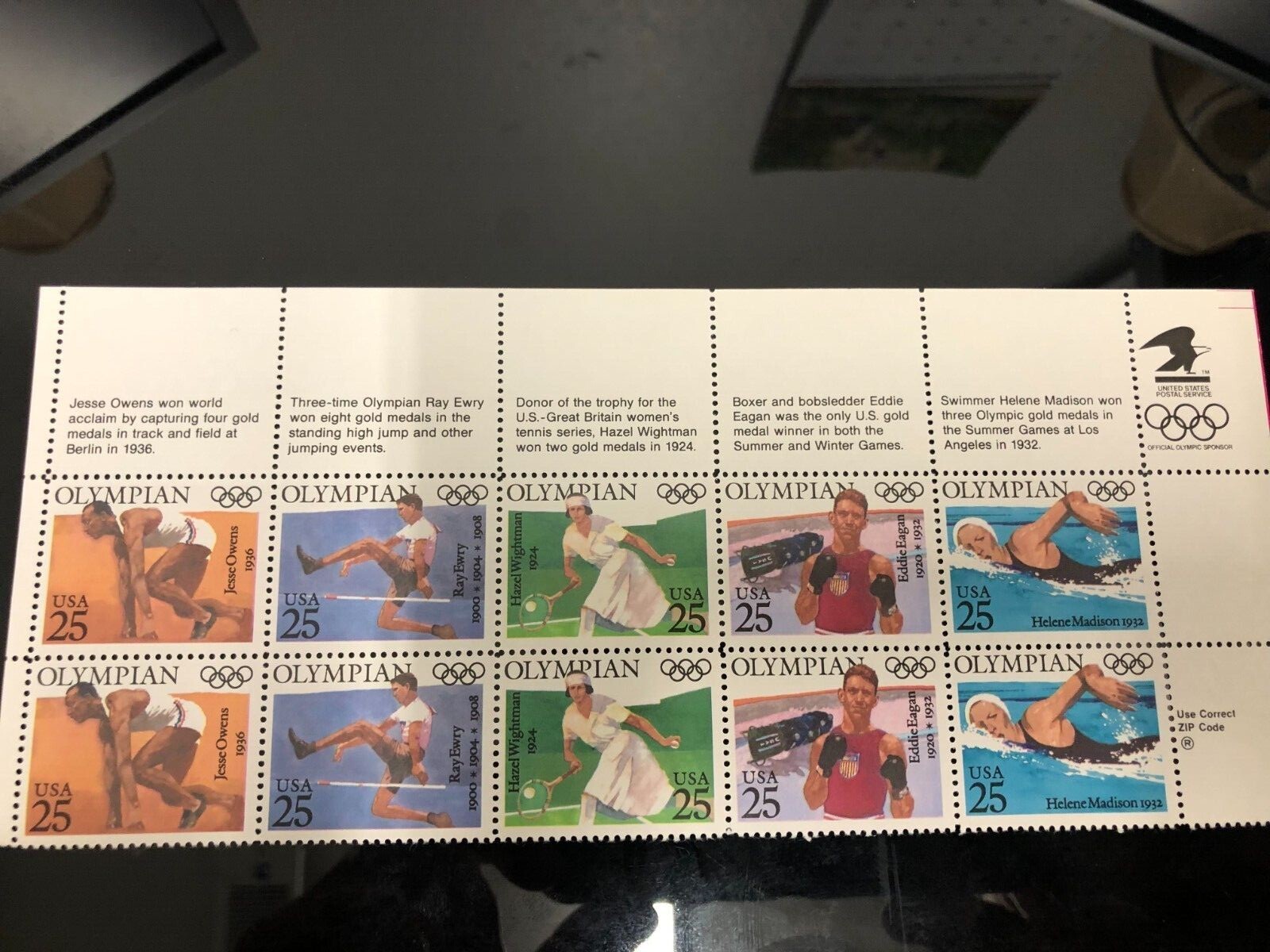 US Scott 2496 – 2500, Top of Plate Block, 10 Olympian Stamps, 25 cent, MNH