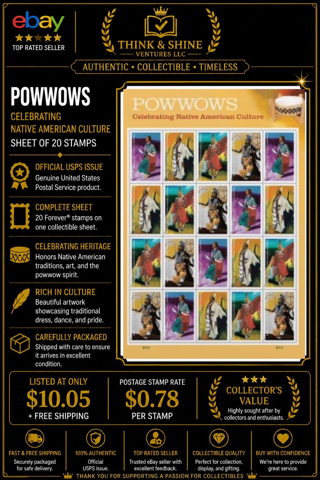 🪶 POWWOWS: CELEBRATING NATIVE AMERICAN CULTURE USPS STAMP SHEET OF 20 🪶