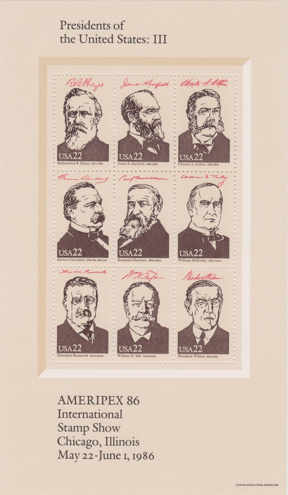 Presidents of the United States Ameripex 86 Presidential Mint Set Postage Stamps