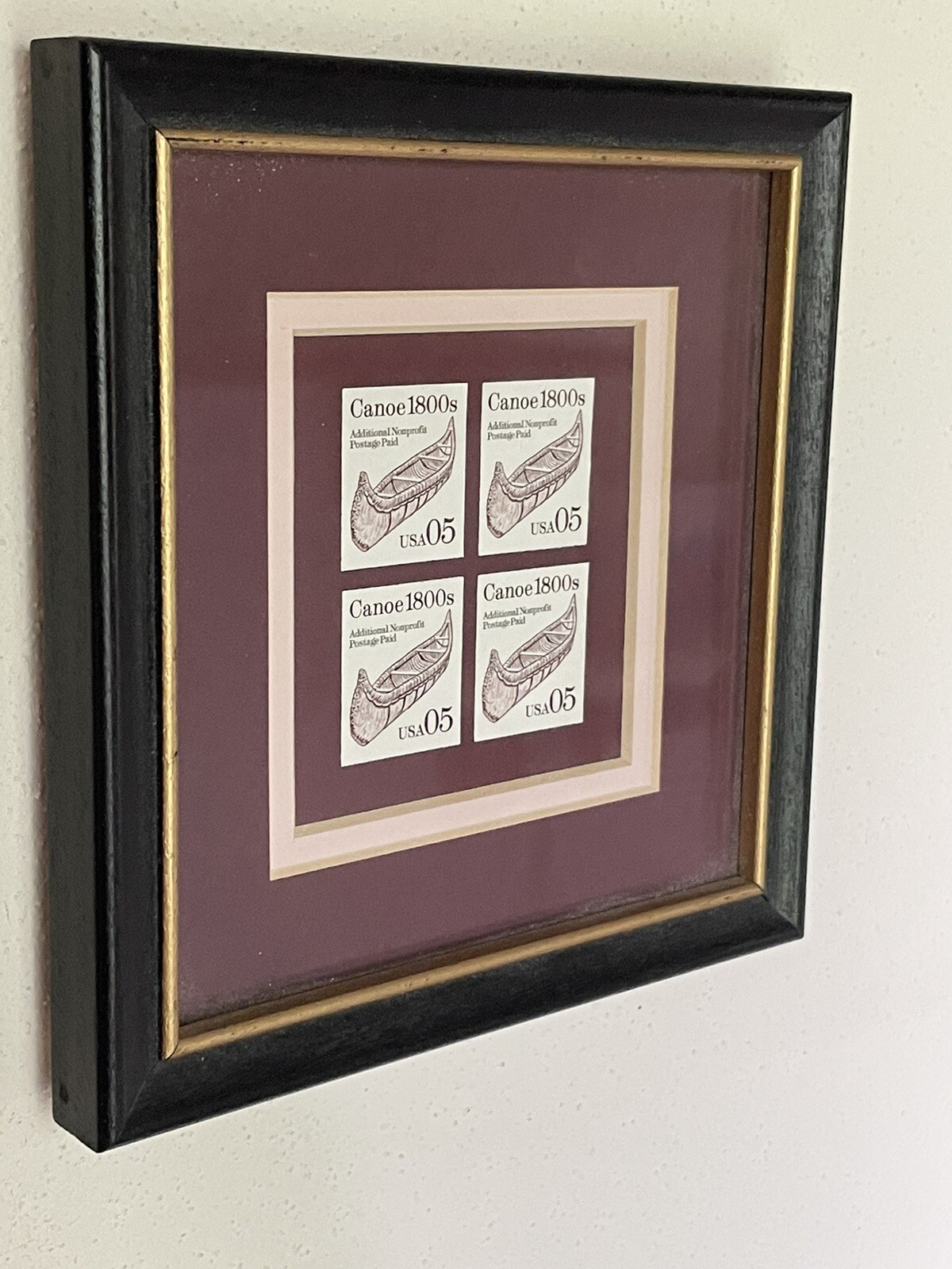 Canoe 1800s 05c 1991 Transportation Series Brown – 4 stamps framed