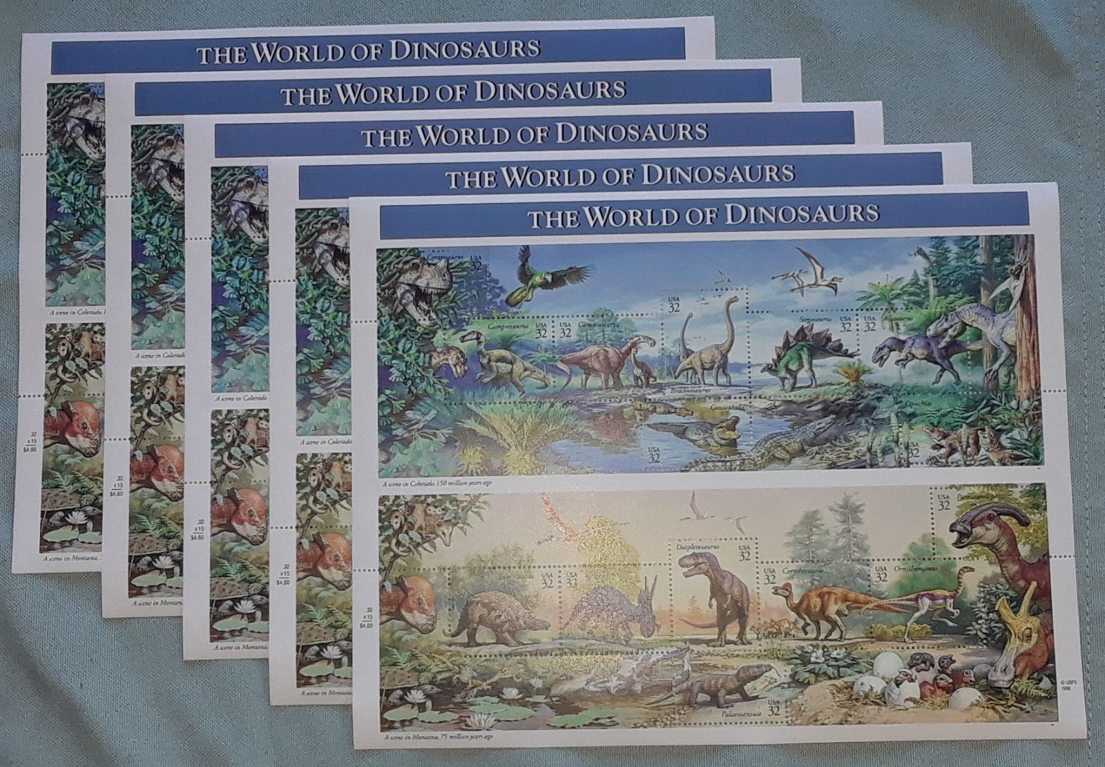 Five Sheets x 15 = 75 THE WORLD OF DINOSAURS 32¢ US Postage Stamps USA Sc # 3136
