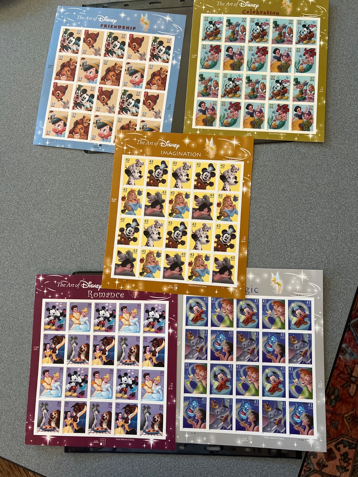 THE ART OF DISNEY Complete Set of 5 Differnt Full Sheets of 20 US Stamps 2004-08