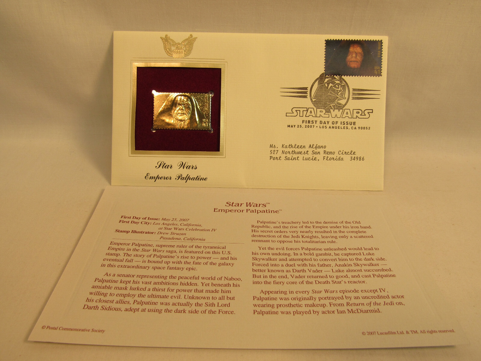 Emperor Palpatine Star Wars Disney 22KT Gold Stamp 1st Day USPS