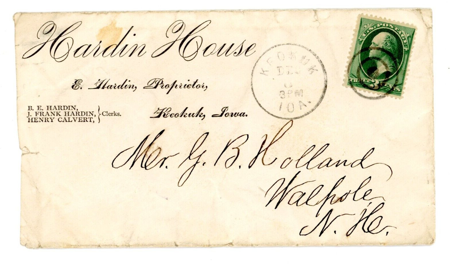 1880s Envelope Green 3 cent Washington Stamp HArdin House Keokuk IOWA Walpole NH