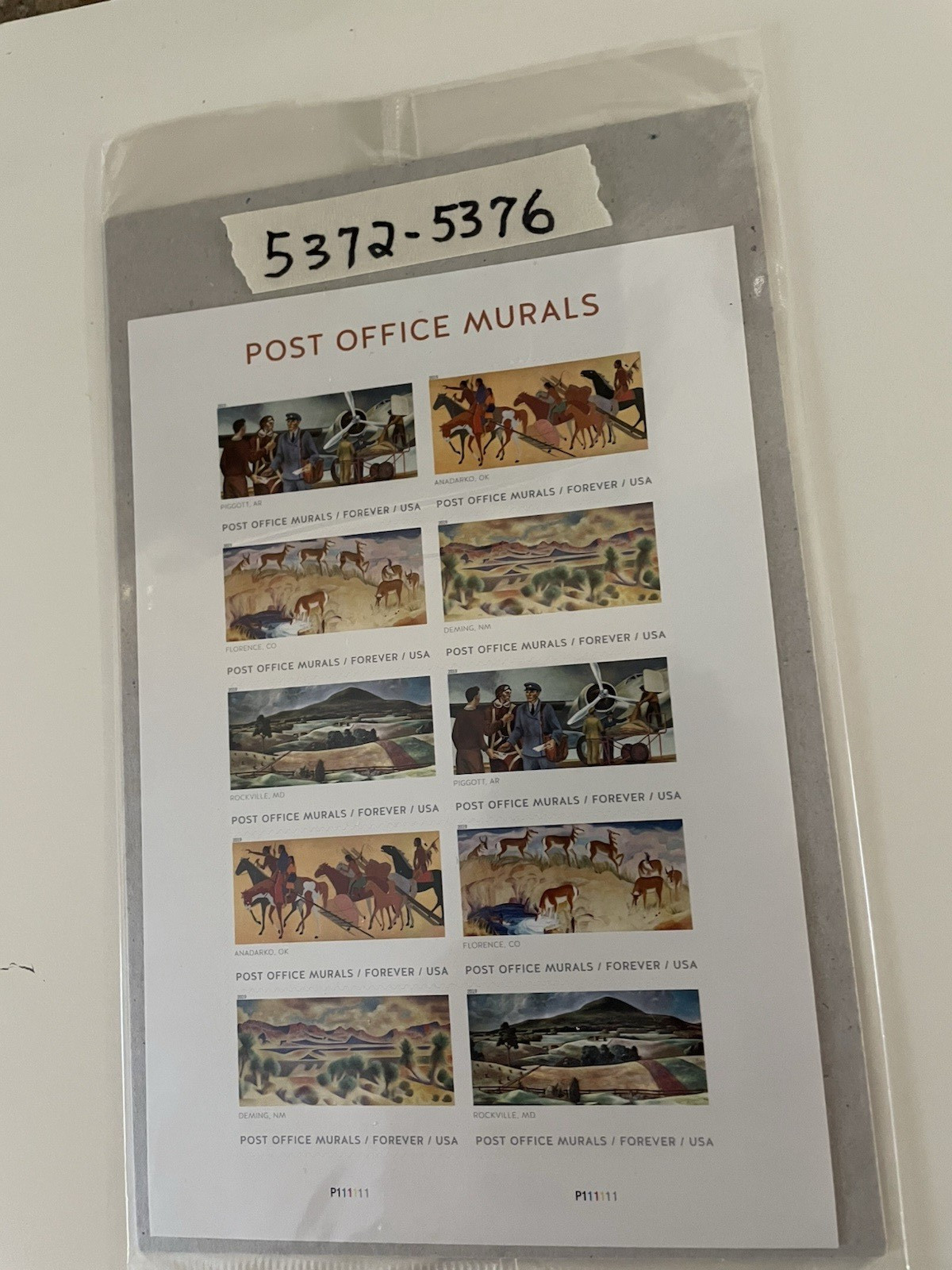 2019 US Scott# 5372-5376 Post office Murals Sheet of 10, Bent Corner