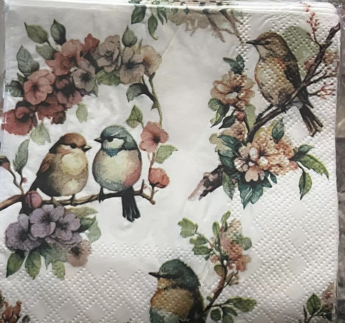 TWO Paper Beverage Decoupage Art Craft Napkins -blue Birds & Florals- Bullfinch