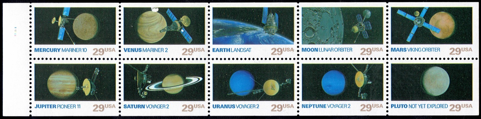 US 2577a (2568 – 2577) Space Exploration Booklet Pane of 10 Stamps folded #10-15