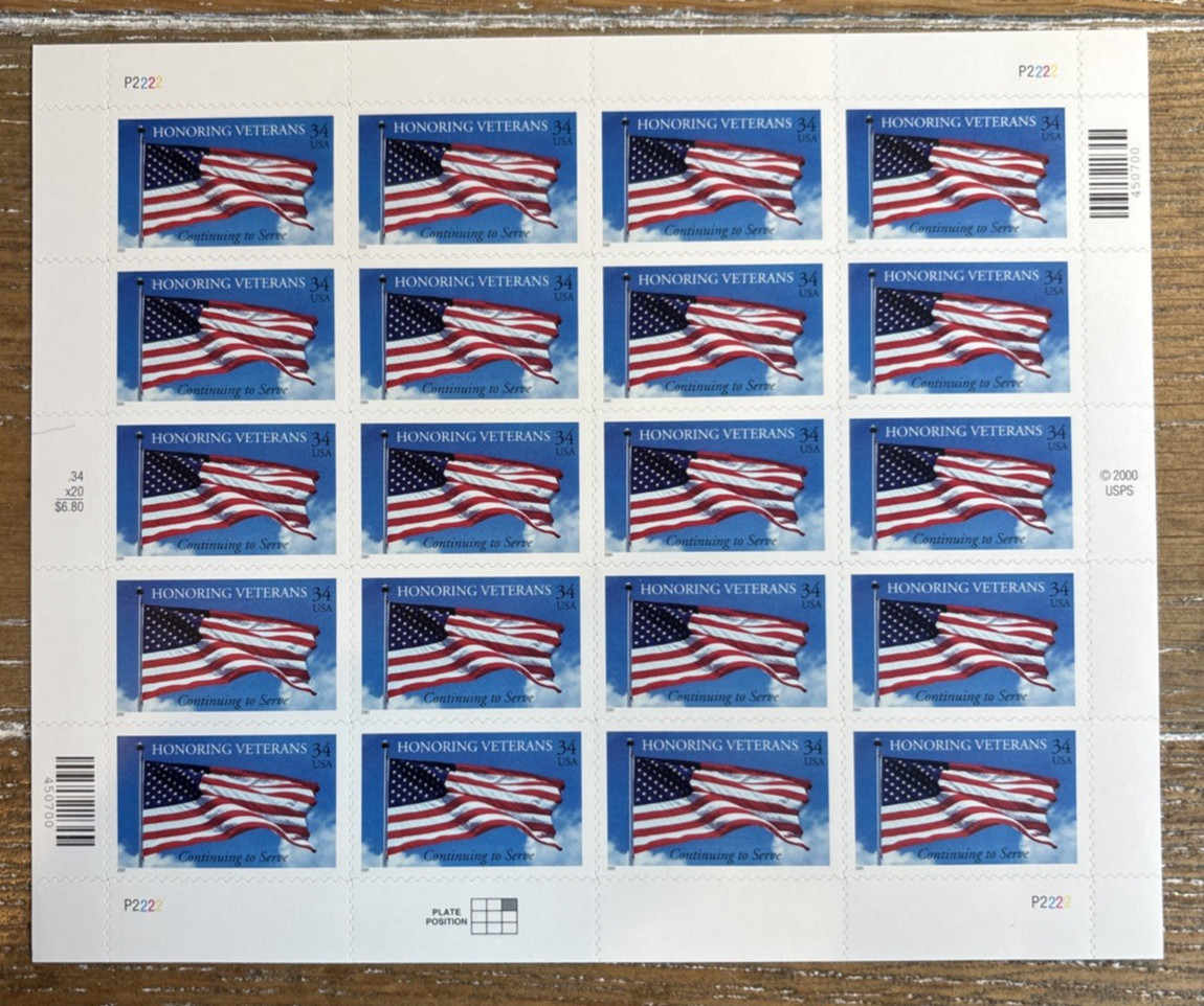 US SCOTT 3508 PANE OF 20 HONORING VETERANS 34 CENT FACE MNH
