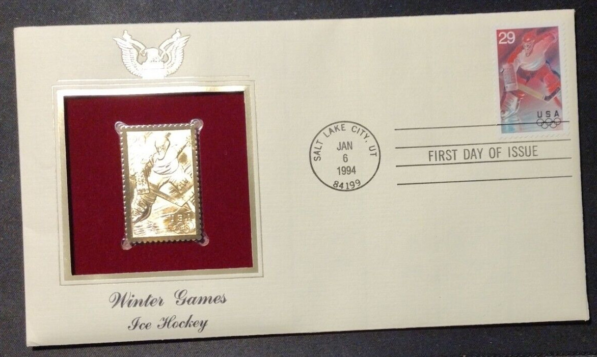 Olympic FIRST DAY ISSUE 29 CENT STAMP GOLD Winter Games Ice Hockey Salt Lake