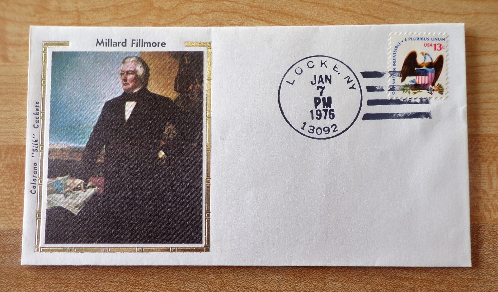 Stamp – Millard Fillmore, 13 Cent Stamp, 1-7-1976, Colorano “Silk” Cac