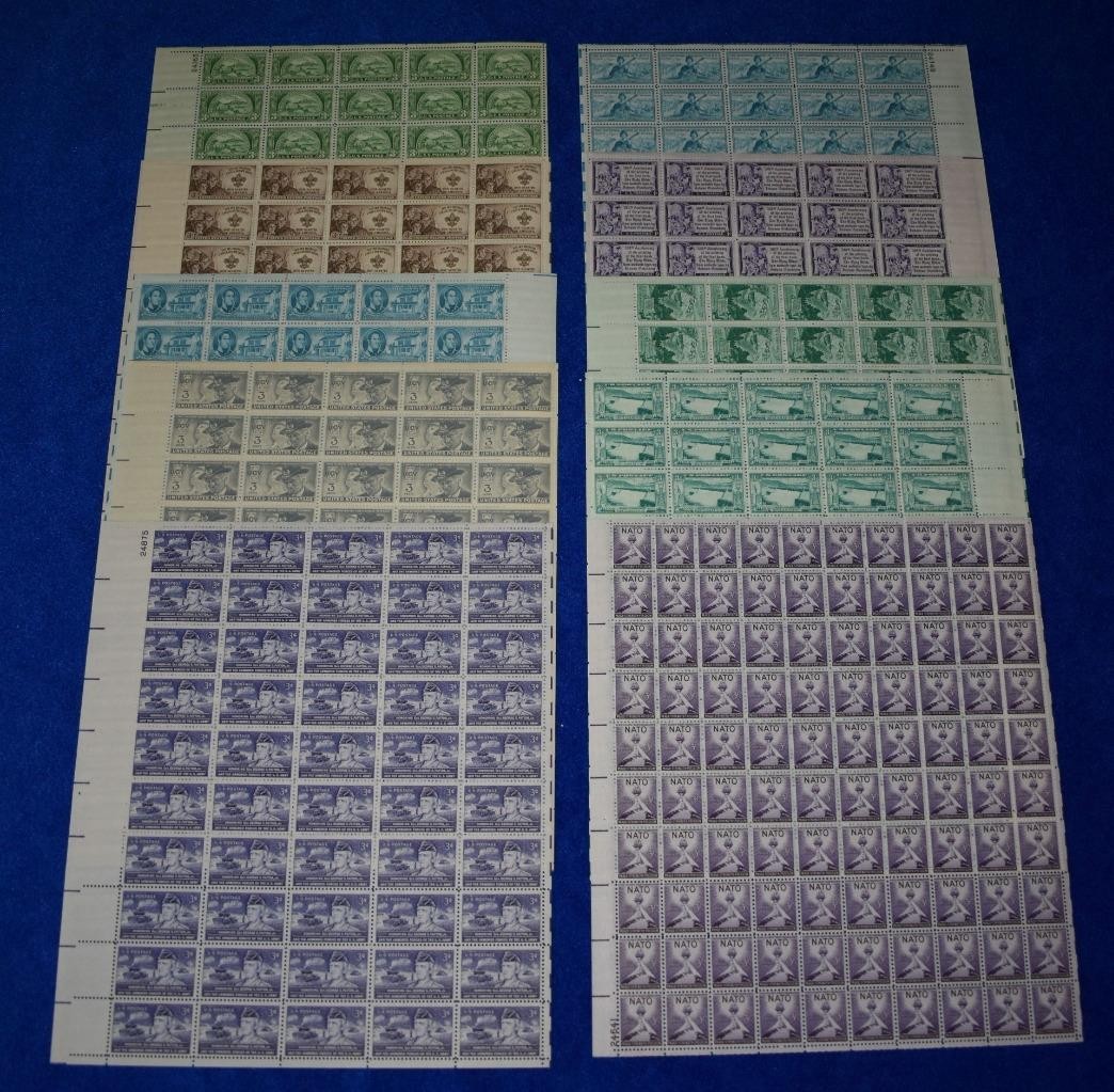 Ten U.S. Postage Full Mint 3 Cent Sheets 1950s Banking