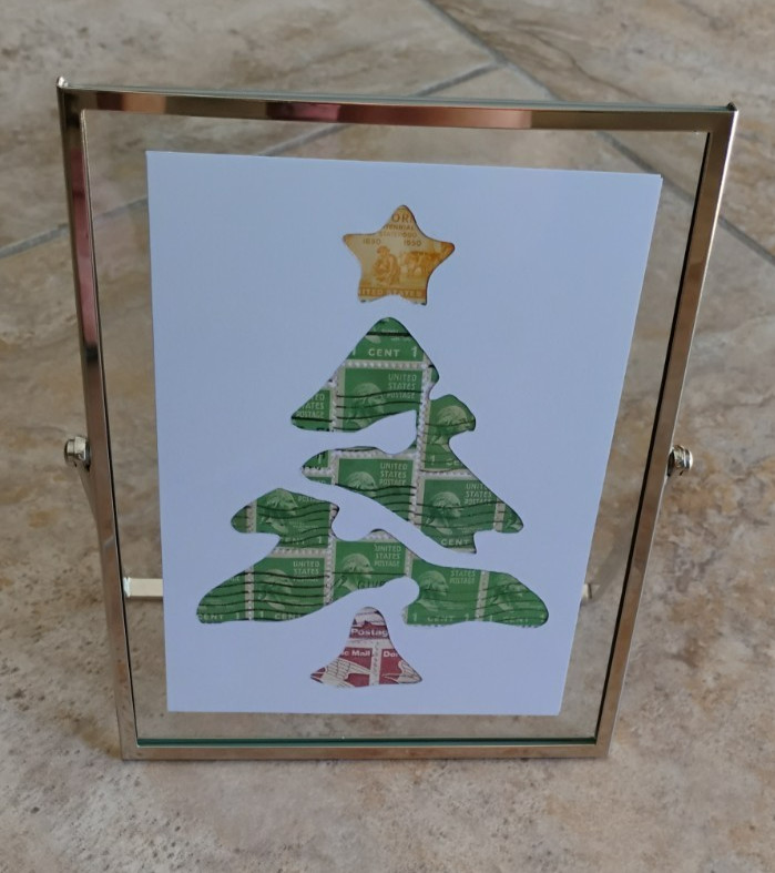 Vintage US Postage Stamp Art – Framed Christmas Tree – 6″ x 8″
