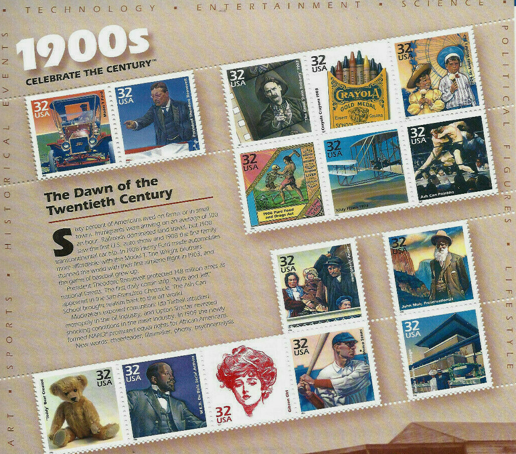 3182 Celebrate Century 1900’s Postage Stamps Sheet 32¢ Teddy Roosevelt Crayola A