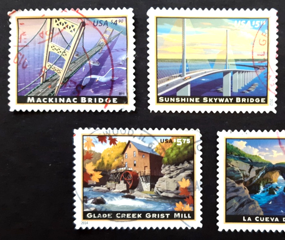 🔥5 US PRIORITY MAIL High Value Stamps ~ AMERICAN LANDMARKS ~ Used, Off Paper XF
