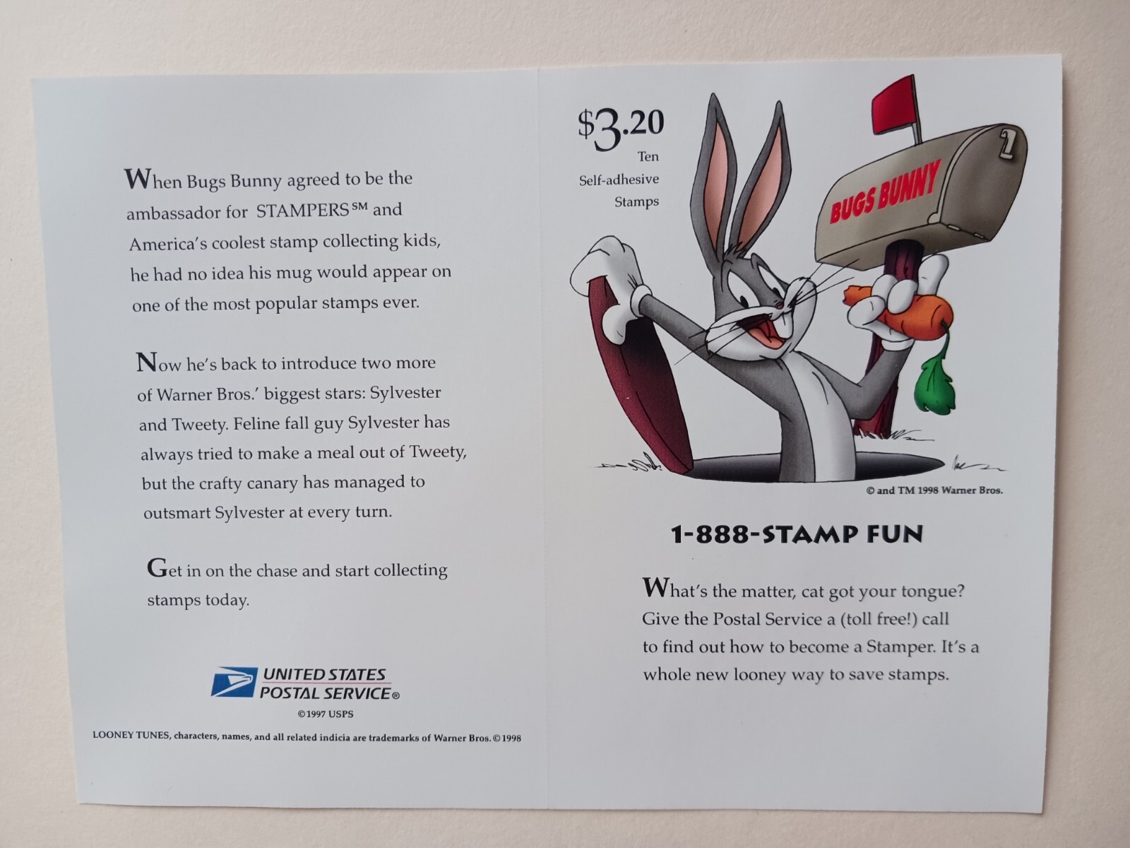 Sylvester Tweety booklet sheet 10 32 cent self adhesive stamp 1998 #3204