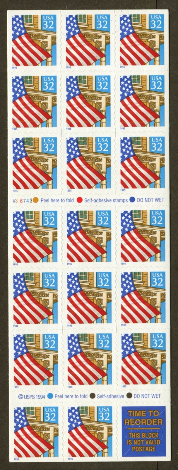 U.S. Scott# 2920a, 1995 Flag/Porch Issue, Plate# V36743, Pane of 20, SCV: $13.00