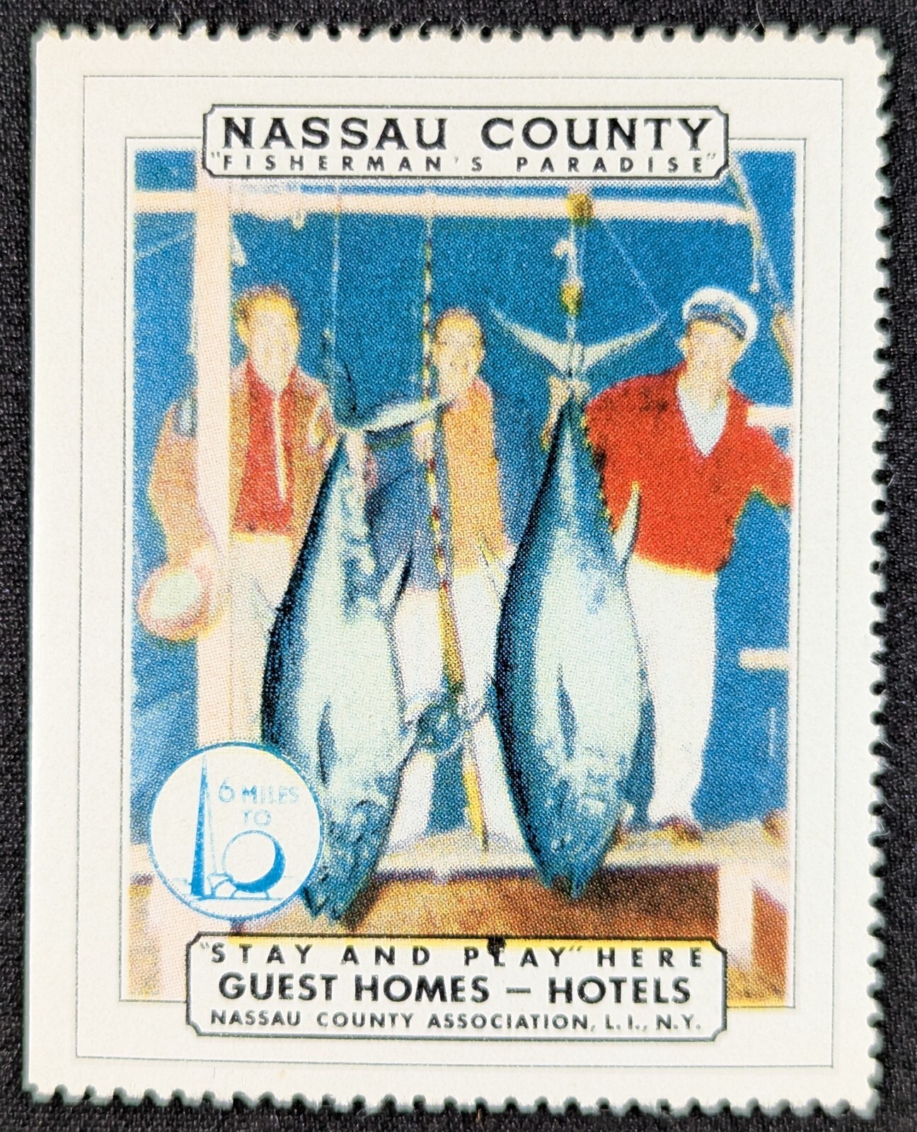 Vintage Nassau County Guest Homes Hotels NY Fish Fishing Poster Stamp