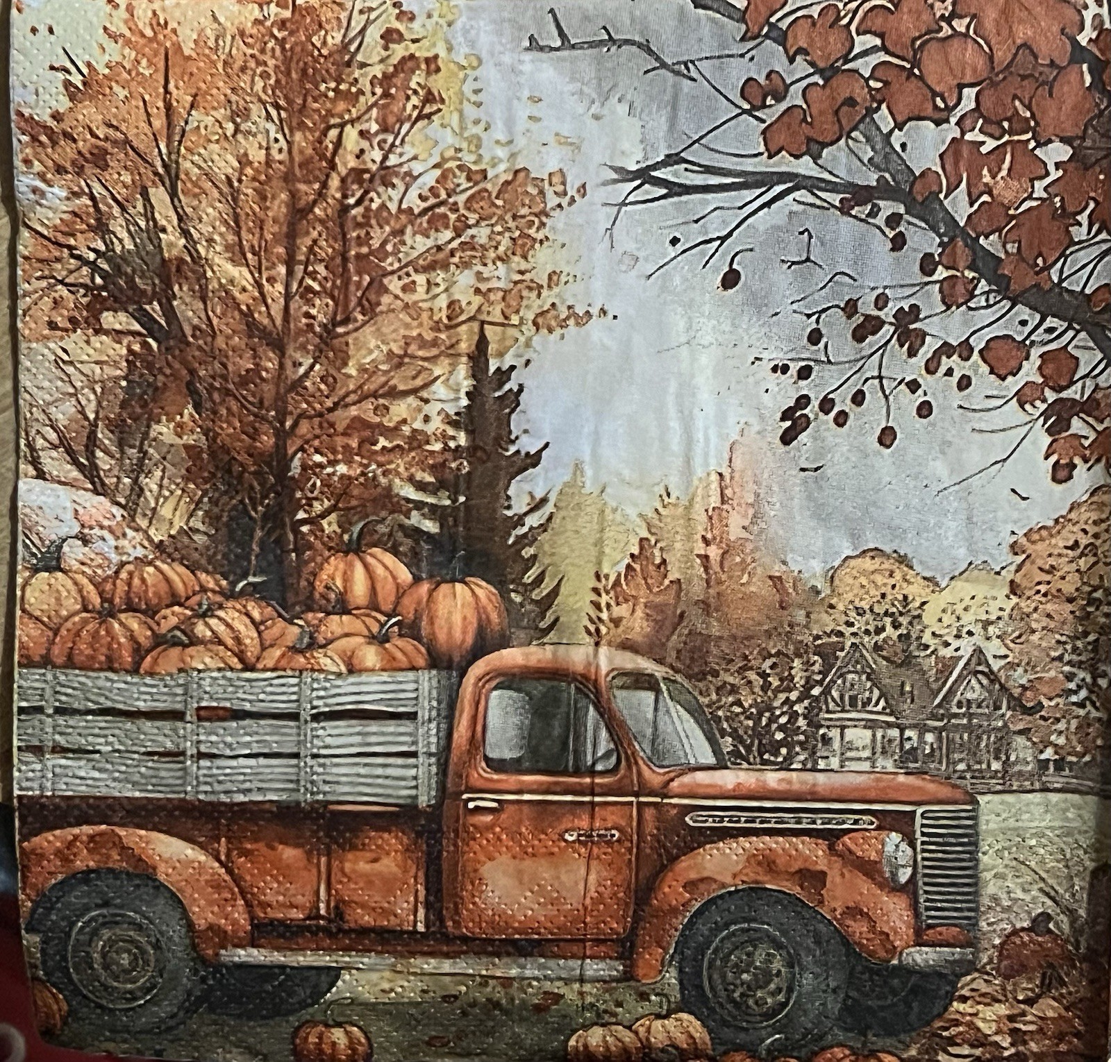 Three Individual Napkins Decoupage W/4 Fall Scenes/truck/Pumpkins Autumn Maple