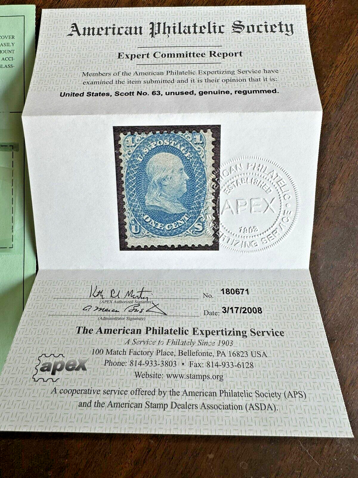 US Franklin Stamp Scott 63 Unused Genuine Regummed 2008 APEX Cert CAT $350