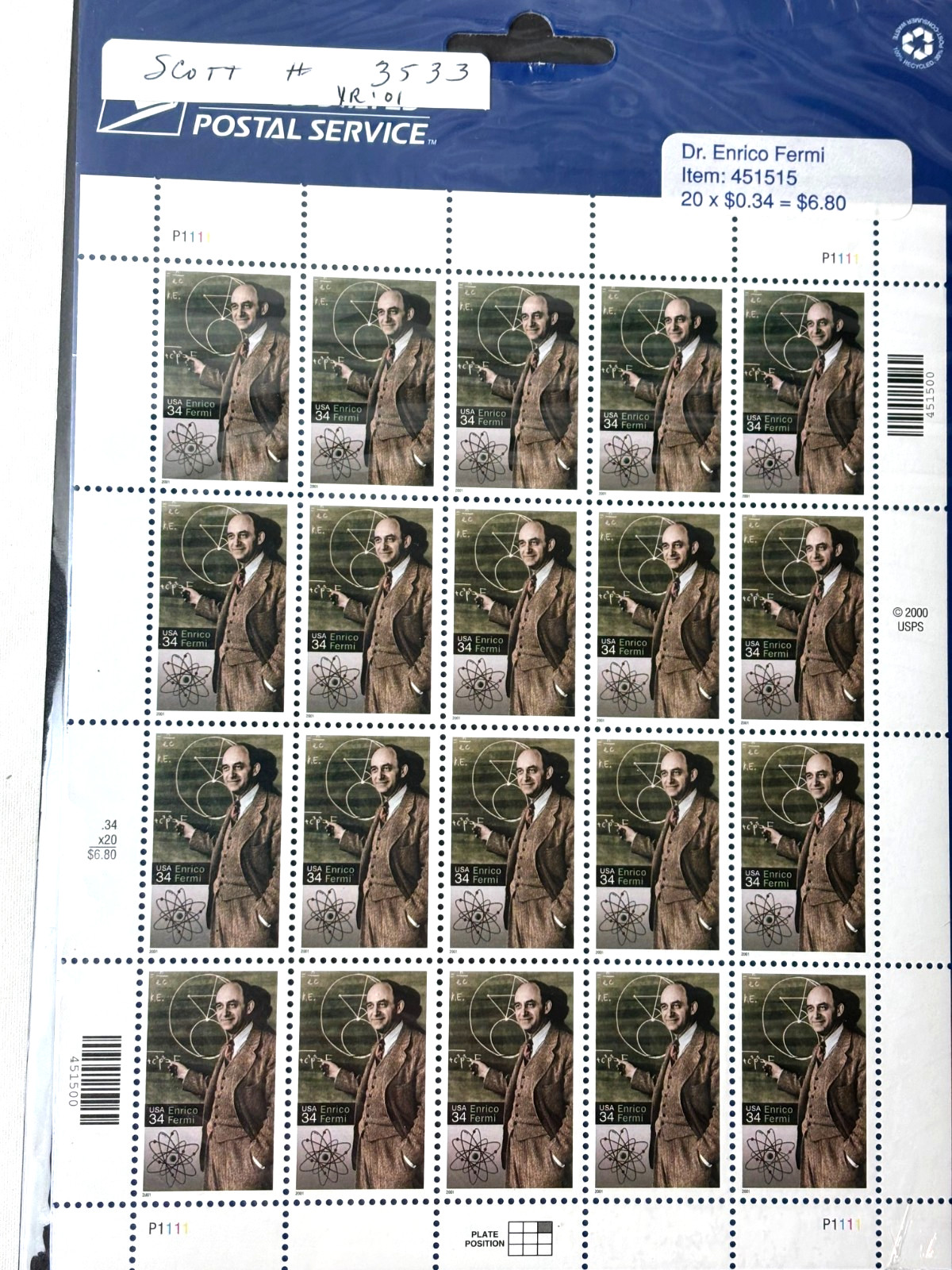 US SCOTT #3533~ENRICO FERMI, PANE OF 20 STAMPS 34 CENT STAMPS MNH (2001)