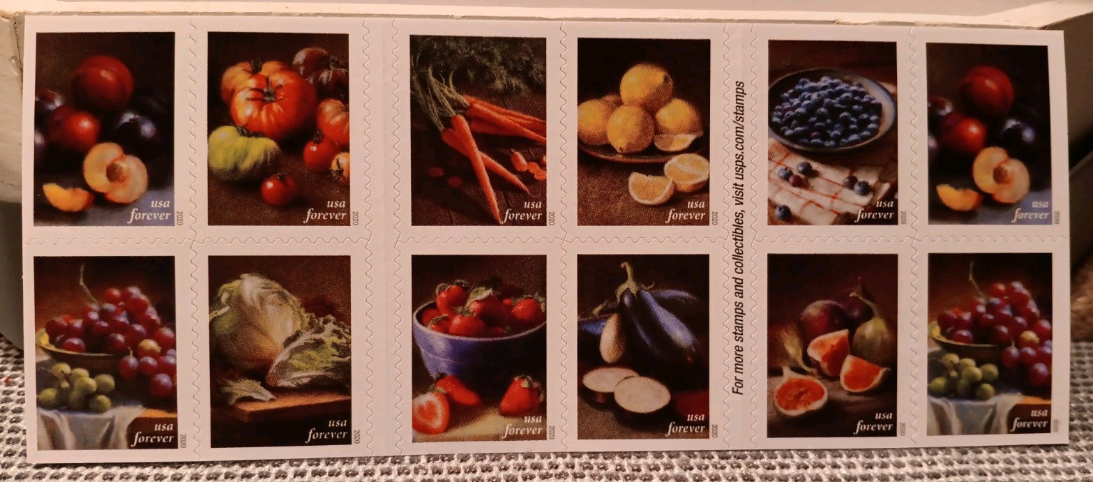 1 Book Of 20 First-Class Forever Stamps ~ Fruits & Vegetables