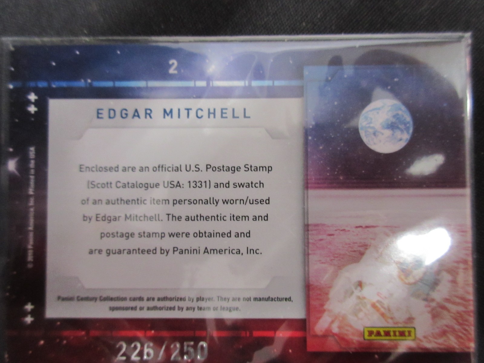 EDGAR MITCHEL; APOLLO 9 2010 PANINI 5c STAMP & WORN RELIC SWATCH CARD, 226/250