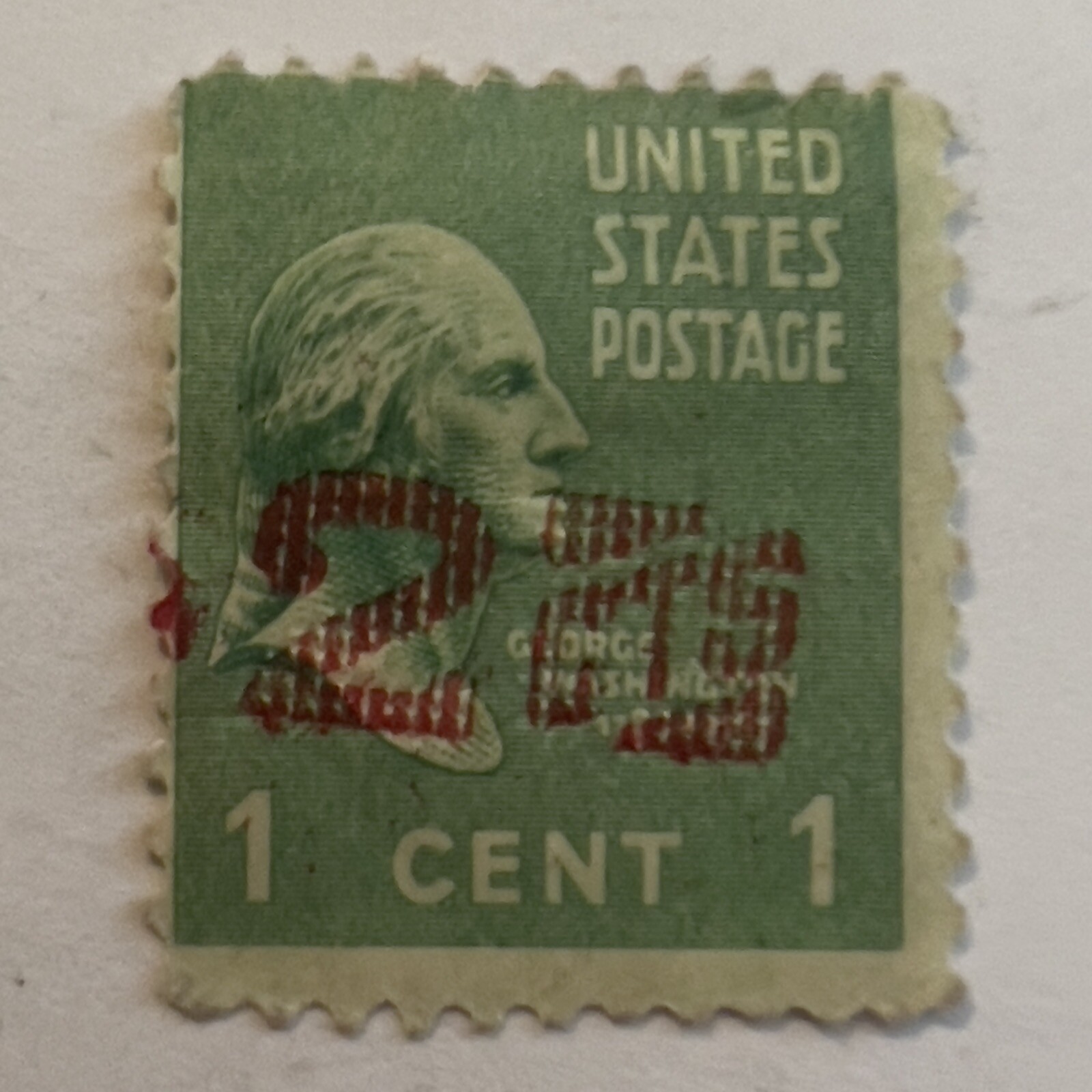 U.S. 1C WASHINGTON MH STAMP WITH UNIQUE RED 2 CENTS IMPRESSION MARKING