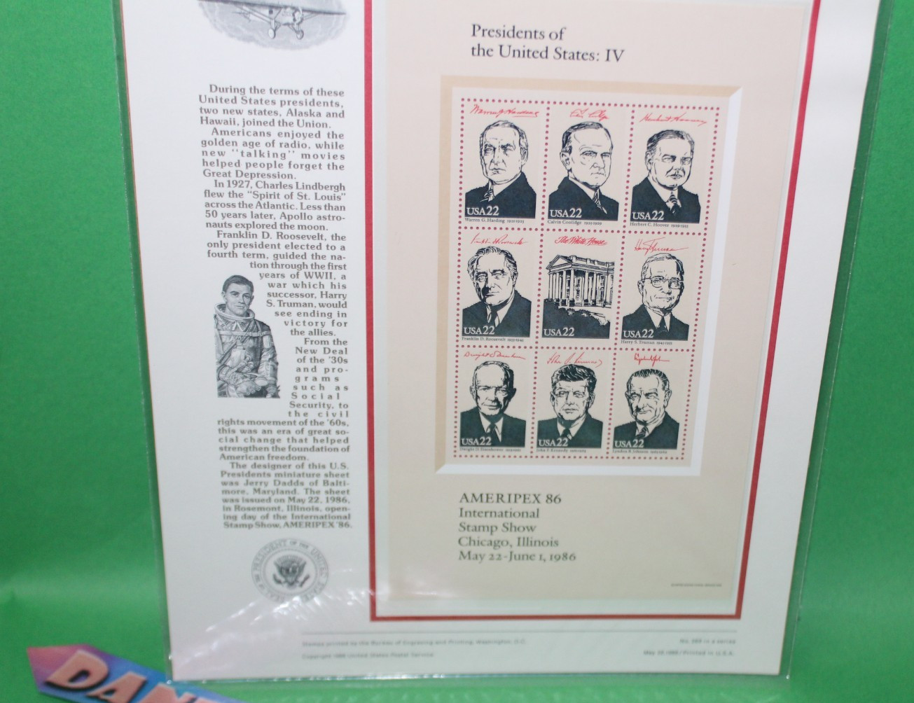 American Commemoratives Presidents US IV USPS Stamps Show Panel 266 May 22 1986