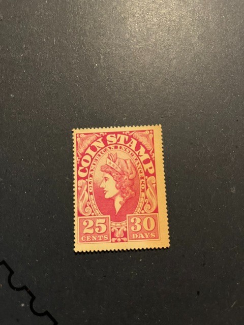 Coin Stamp – Old American Insurance Company. Cinderella Pink. 25c 30 Days. MNH.