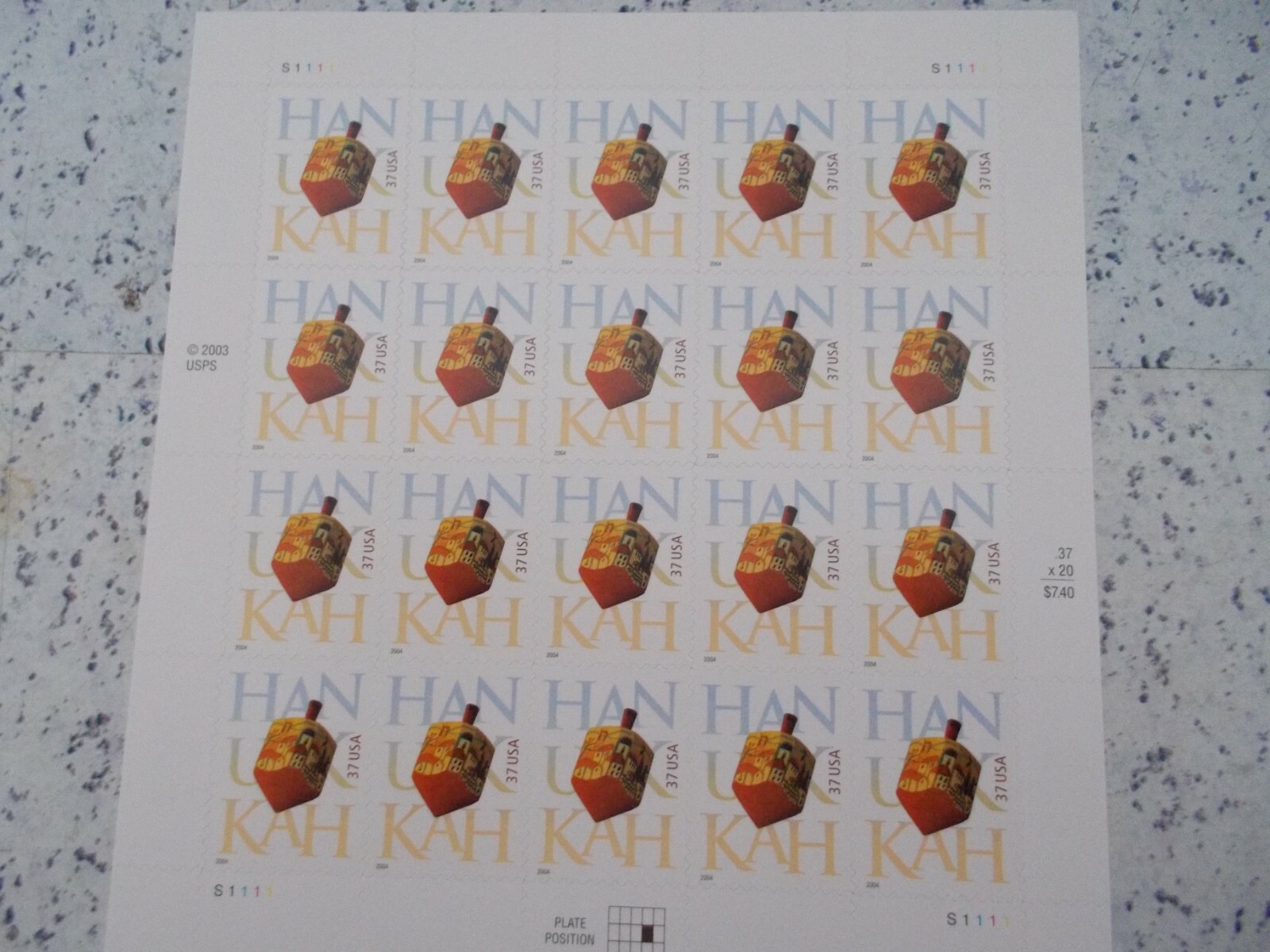 #3880 HANUKKAH Sheet of 20 37 CENT STAMPS 2003/2004 MNH Free Shipping