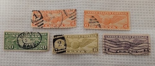 ‘USA 4″ SET OF 5 Vintage 1st AIR MAIL Postage stamps Odd shape FINE 5,6,8,20 ct