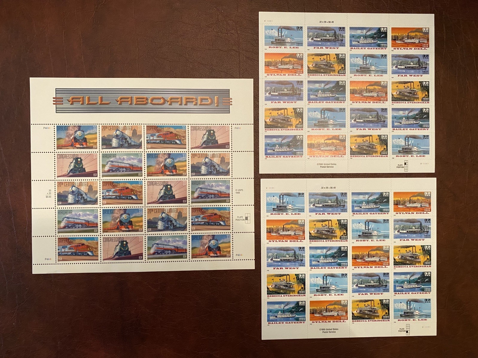 US Postage Stamp Lot – All Aboard Train Locomotive & Steamboat Ship Ferry Sheets
