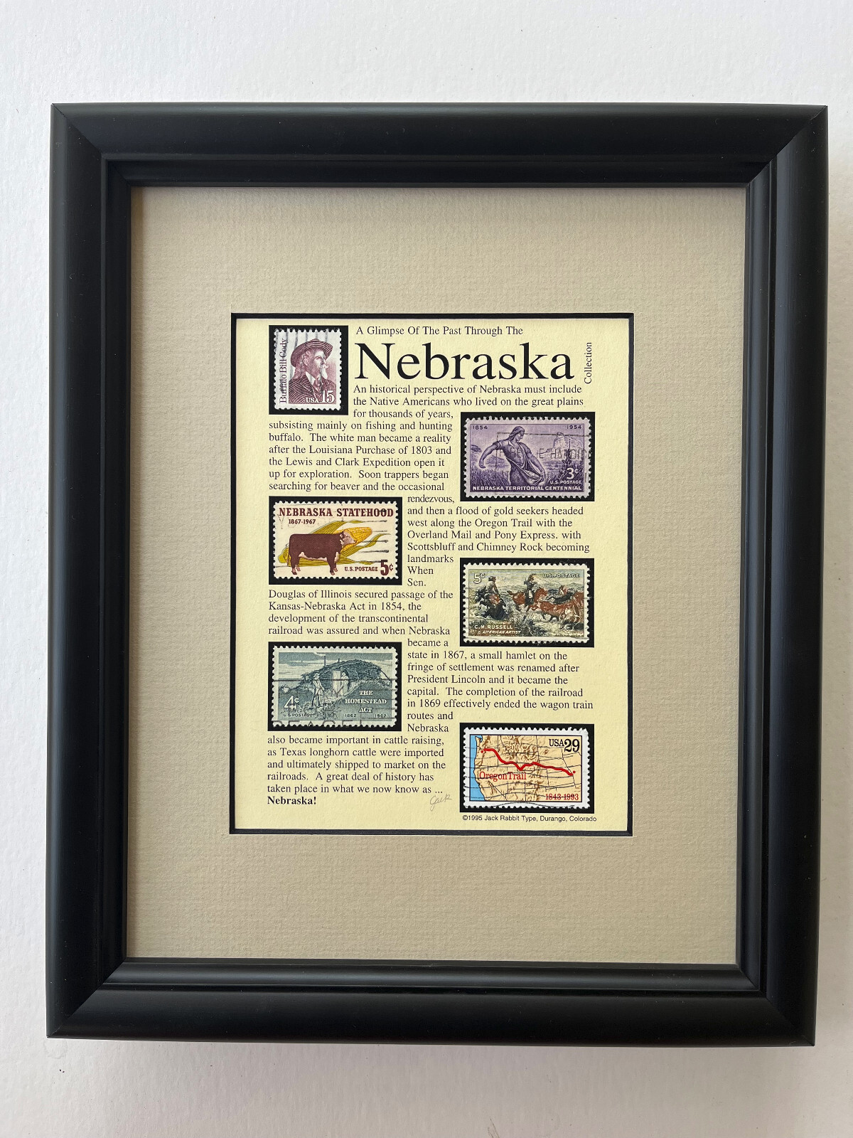 Nebraska Stamp Art Framed/Matted – Buffalo Bill, Beef, Oregon Trail, etc.