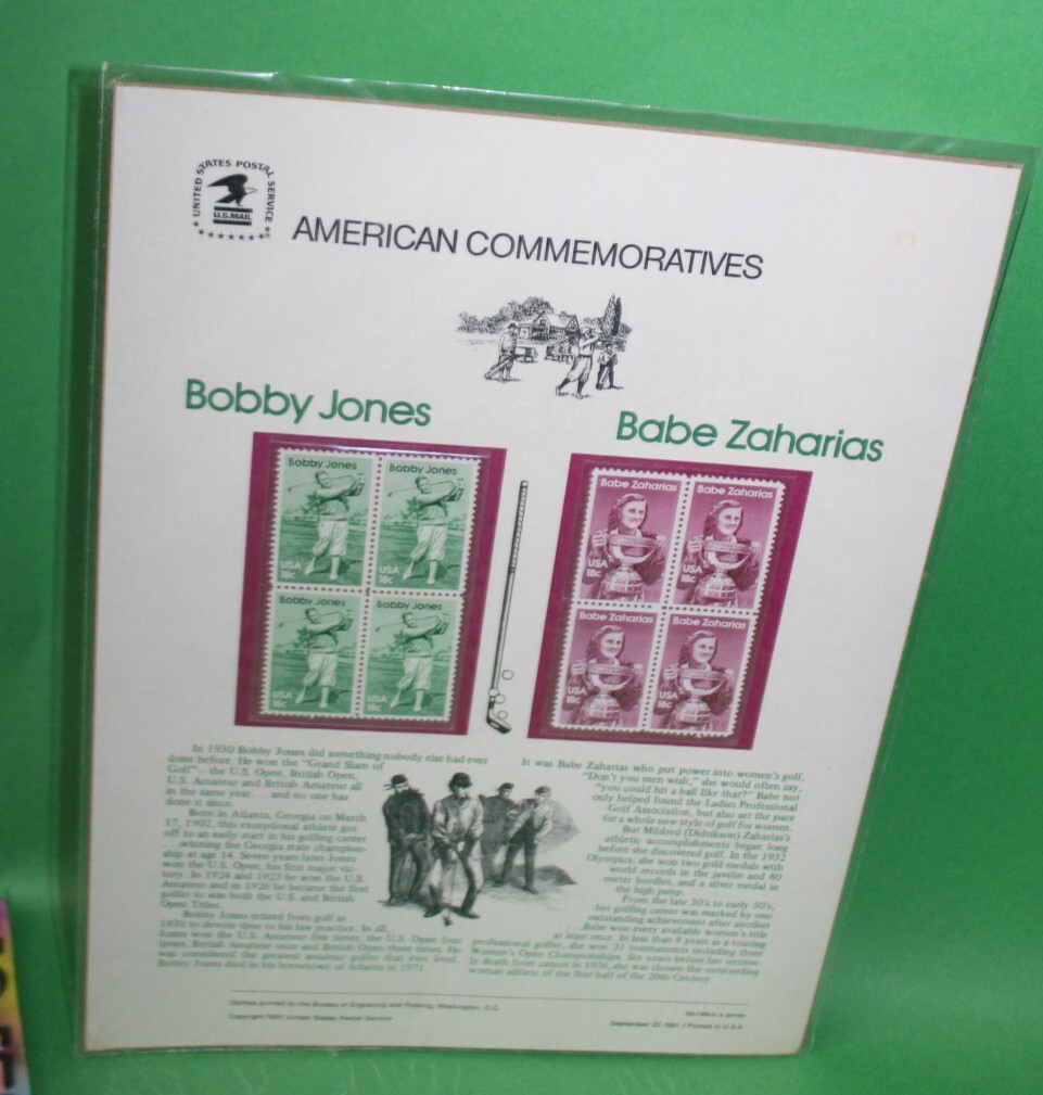 American Commemoratives Bobby Jones Babe Zaharias USPS Stamps 149 Sept. 22, 1981