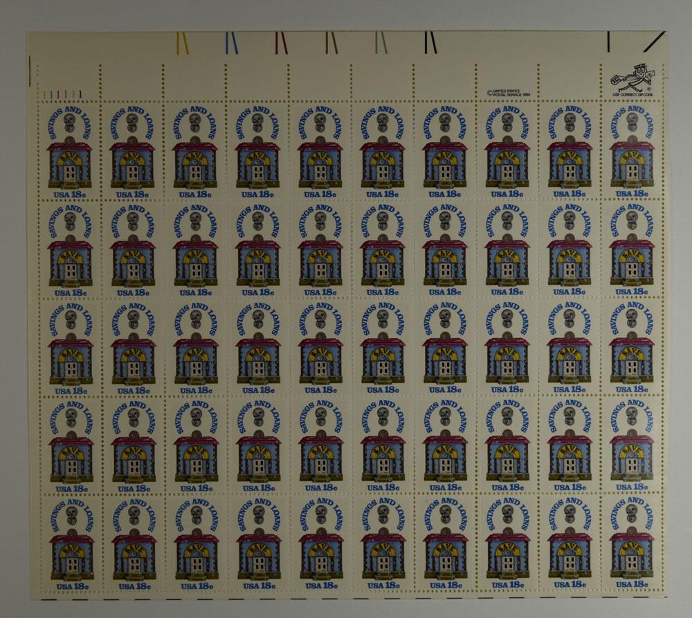 US SCOTT 1911 PANE OF 50 SAVINGS AND LOANS STAMPS 18 CENT FACE MNH