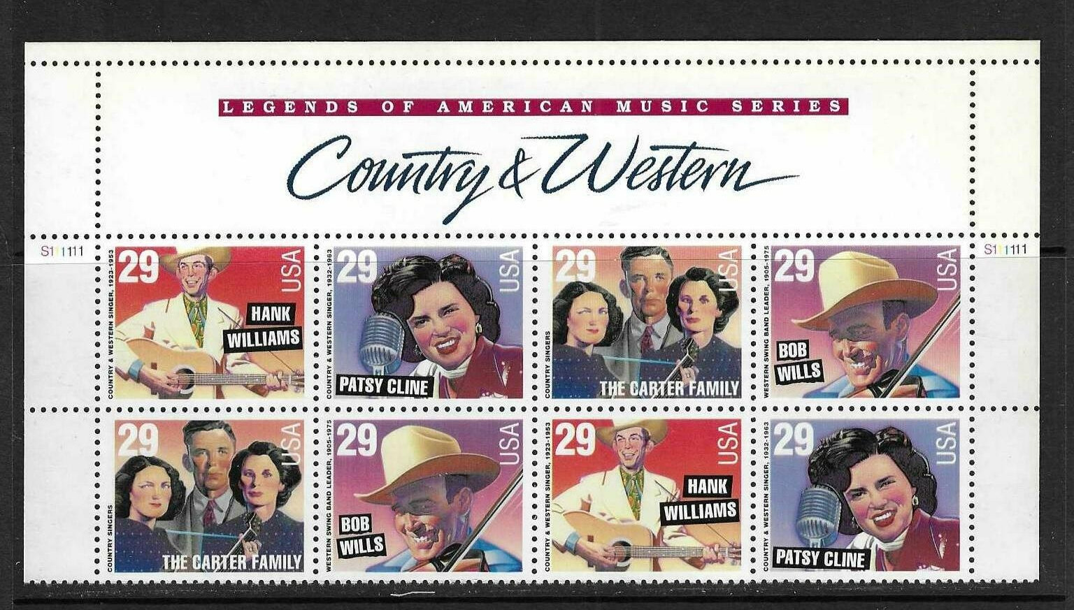 USA SC # 2774a Music Series . Country & Western , BLK8 Plate number . MNH