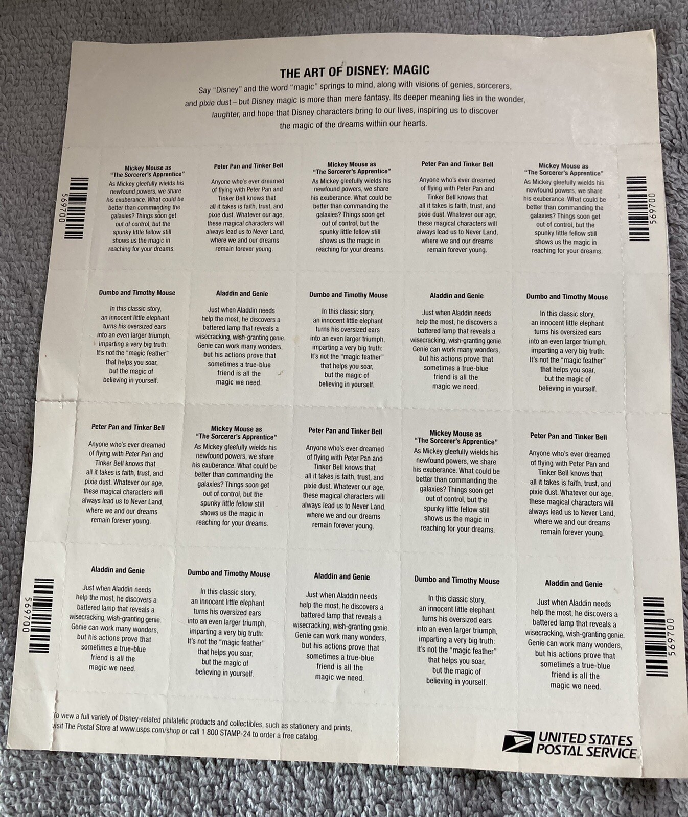 Mickey Dumbo Aladdin The Art of Disney Magic Group Of 20 41 cents stamp sheet