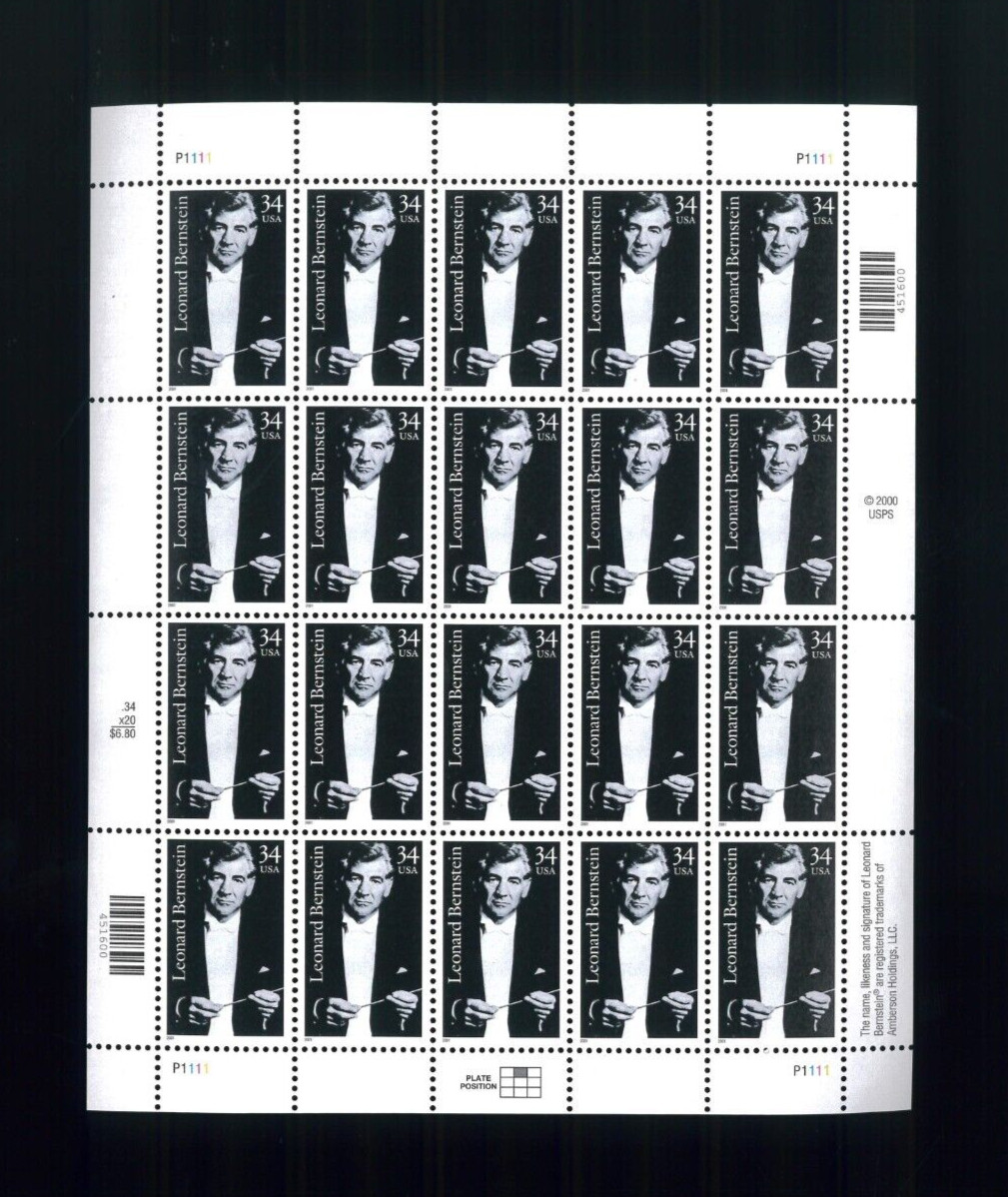 United States 34¢ Conductor Leonard Bernstein Postage Stamp #3521 MNH Full Sheet