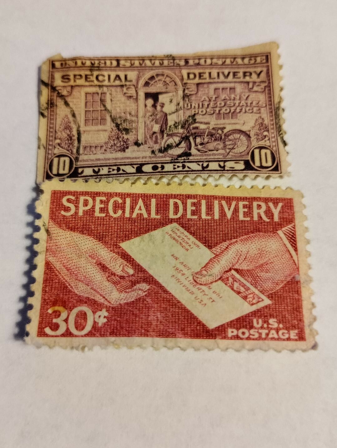 1957 Special Delivery 30 cent brown stamp, 1927 Special Delivery Motorcycle mail