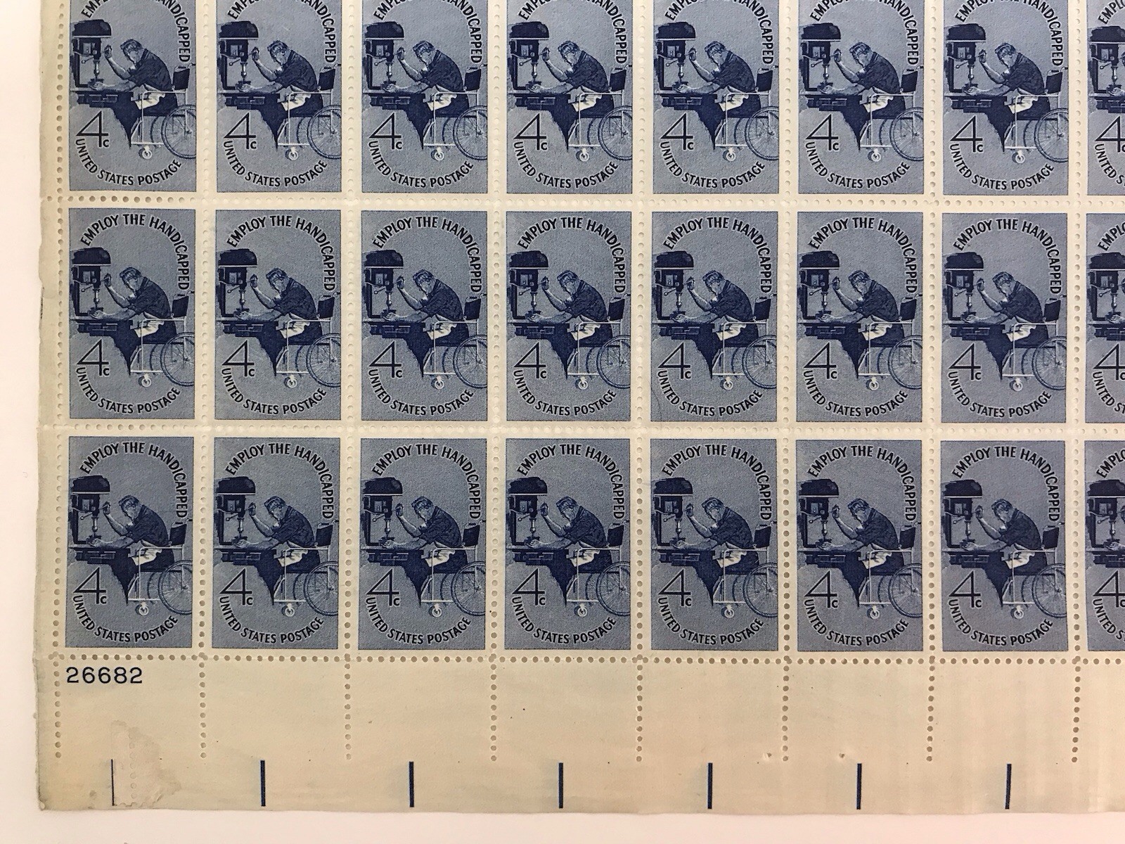 EMPLOY THE HANDICAPPED POSTAGE STAMPS 4 CENT FACE US SCOTT 1155 SHEET OF 50