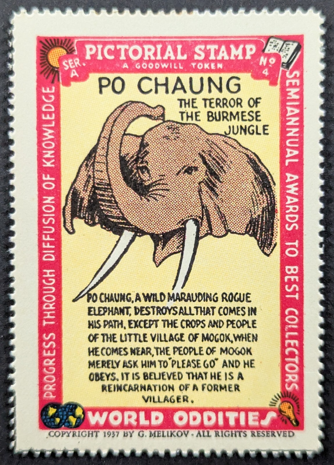 Vintage 1937 Elephant Burmese Jungle World Oddities Pictorial Poster Stamp