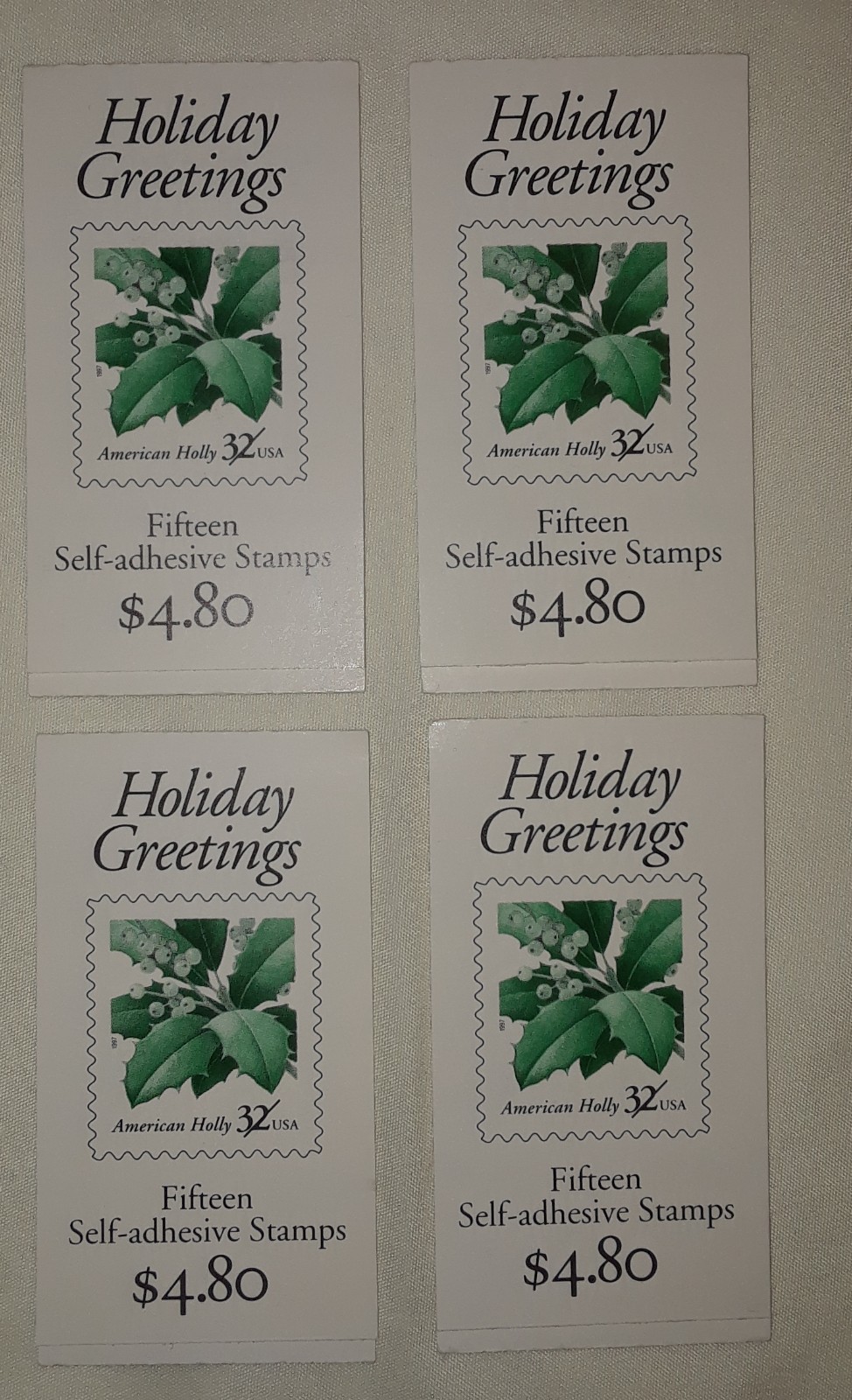 Four Booklets x 15 = 60 of 32¢ Holiday Greetings HOLLY US Postage Stamps # BK264