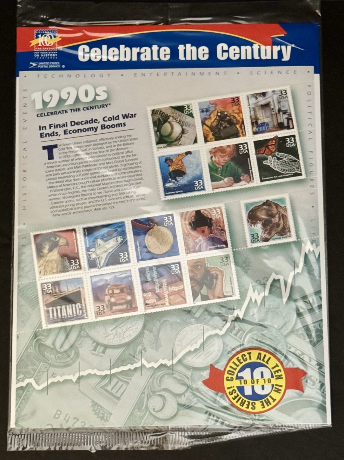 CELEBRATE THE CENTURY 1900-1990. Complete 10 Sheet Set of USPS Stamps